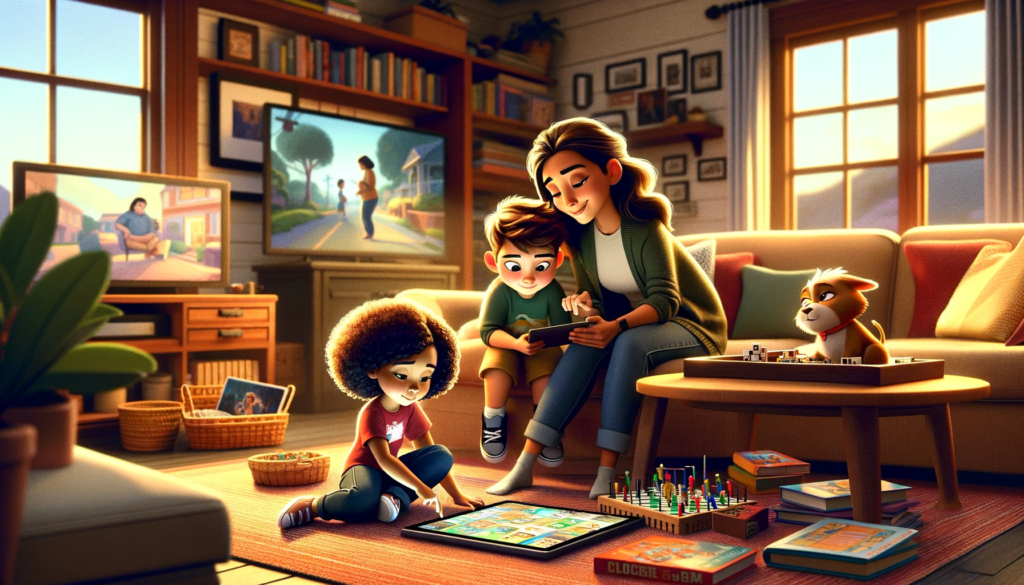 Family setting screen time boundaries, balancing digital and real-life interactions.