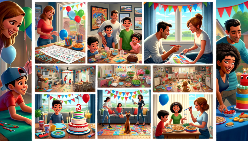 Joyful birthday party setup with themed decorations, activities, and a cake.