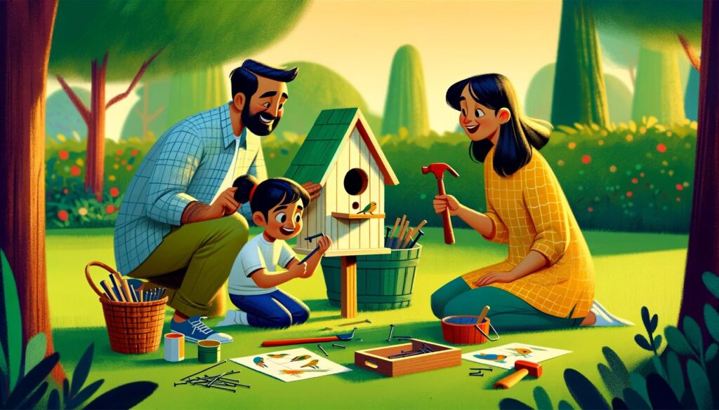 Family building a birdhouse together in their backyard