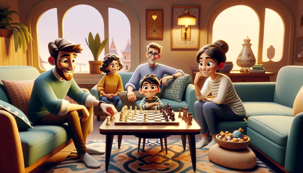 Family gathered around playing chess at home