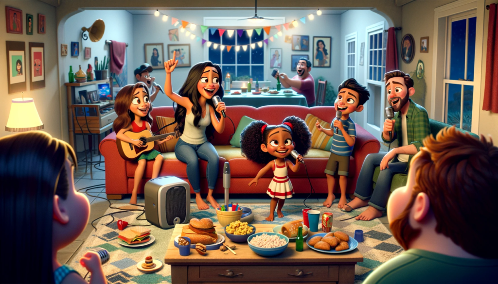 Family enjoying a karaoke night at home, singing and bonding together.