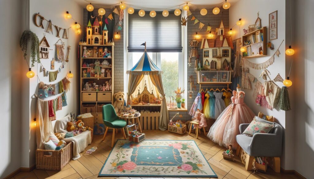 Enchanting children's fantasy corner at home with thematic decorations.