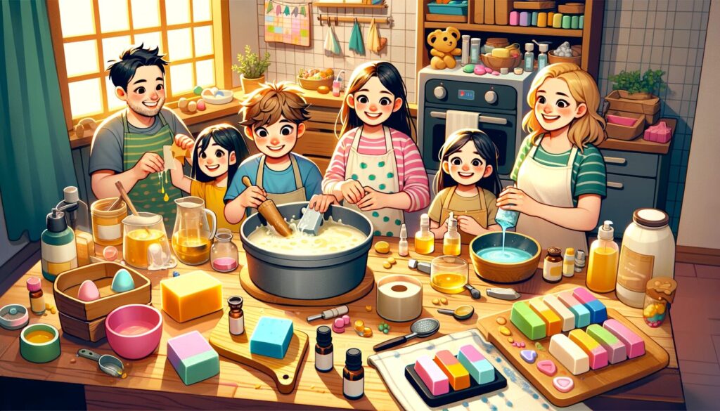 Kids and parents making homemade soap together in the kitchen