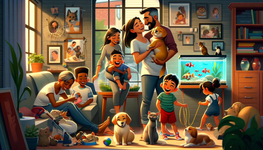 "Family enjoying time with their pet, highlighting the joy and bonding pets bring into homes.