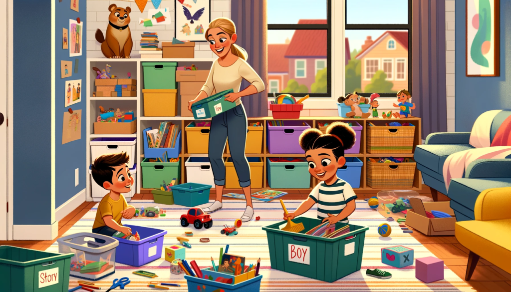 Family happily organizing and decluttering their home, making tidiness fun and kid-friendly.