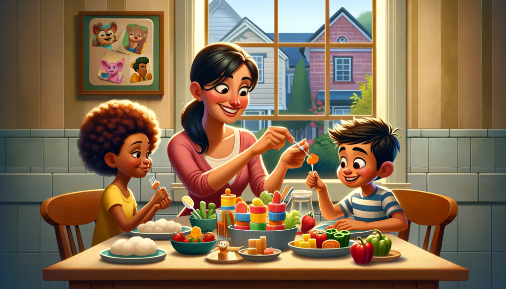 Family mealtime with kids trying new foods, showing positive and creative eating habits.