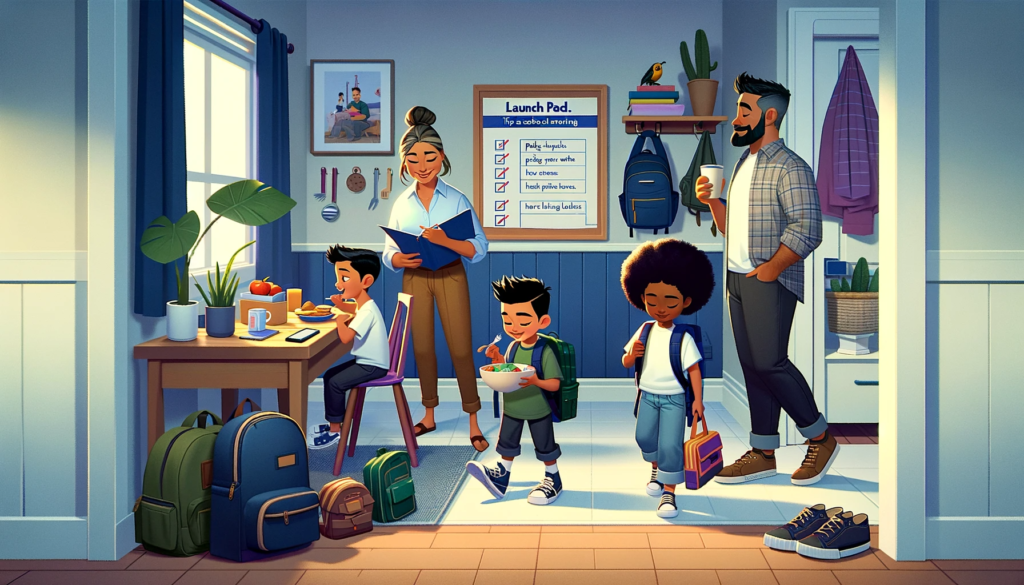 Organized and calm school morning routine with a family preparing for the day.