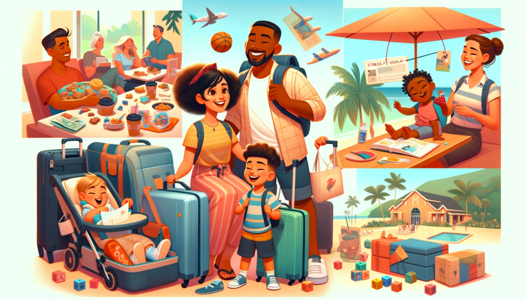 Family enjoying a stress-free vacation with young children, showcasing happy and organized travel.