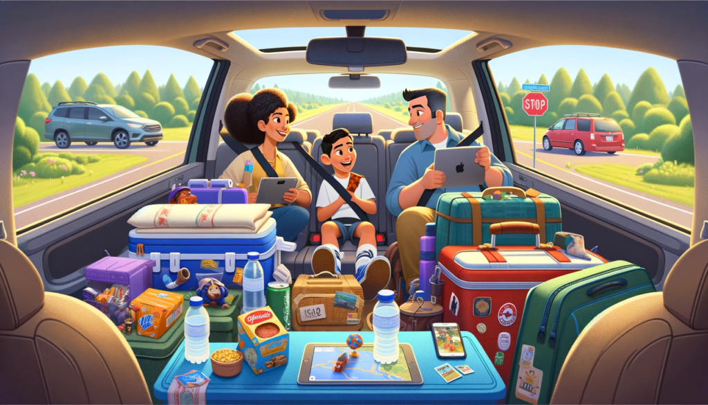 Family happily traveling in a car, equipped with entertainment and comfort for a long journey.