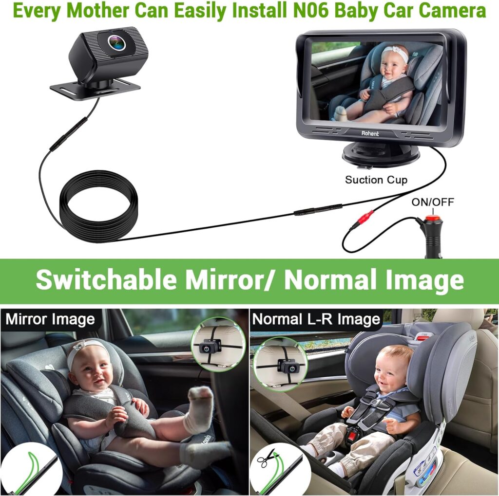 Baby Car Camera Ease Installation: Eye Protection Clear Night Vision 360° Rotation Stability Backseat Camera for 2 Kids HD 1080P Car Baby Monitor with Infant Carseat Camera Rear Facing -Rohent N06