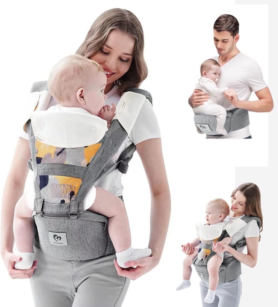 Baby Carrier, Bellababy Multifunction Baby Carrier Hip Seat (Ergonomic M Position) for 3-36 Month Baby, 6-in-1 Ways to Carry, All Seasons, Adjustable Size, Perfect for Shopping Travelling (Grey)