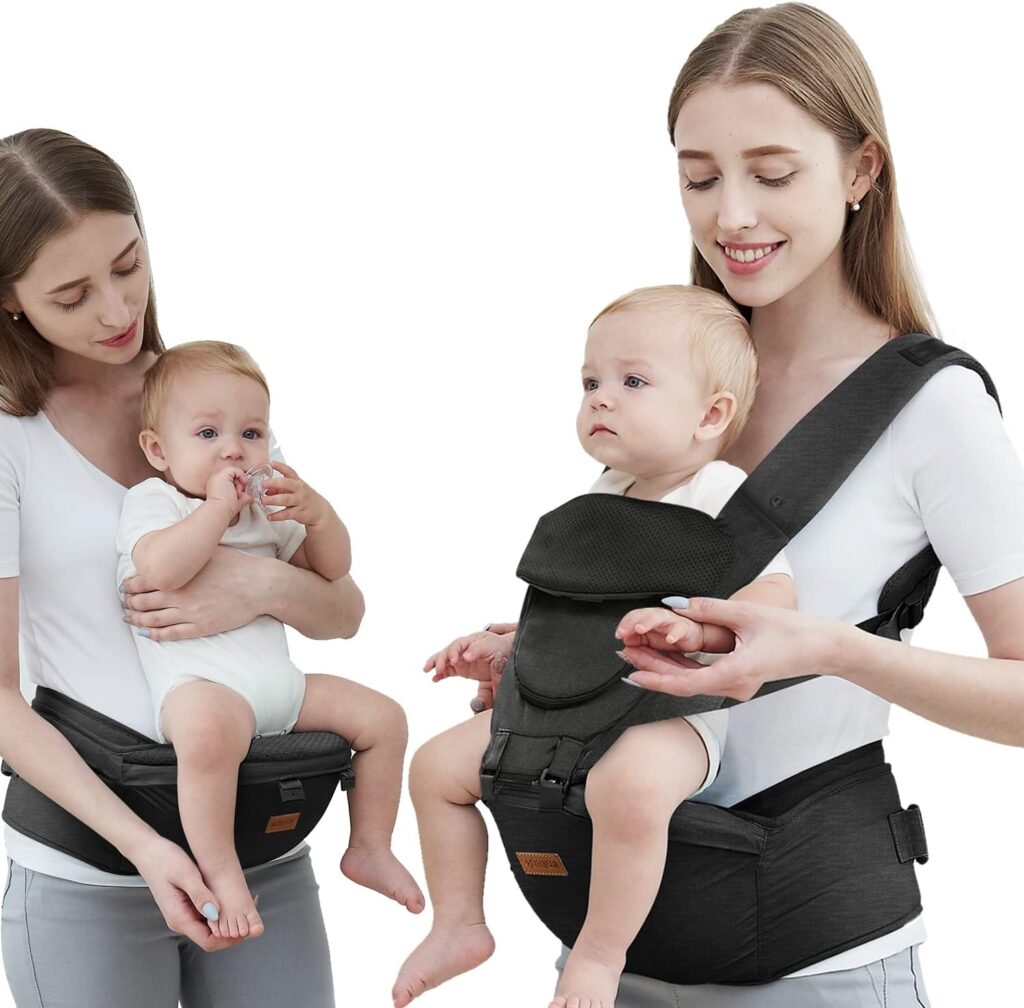 Baby Carrier with Hip Seat, Baby Carrier Newborn to Toddler, 6-in-1 Ways to Carry, All Seasons, Adjustable Baby Holder Carrier for Breastfeeding (Black）