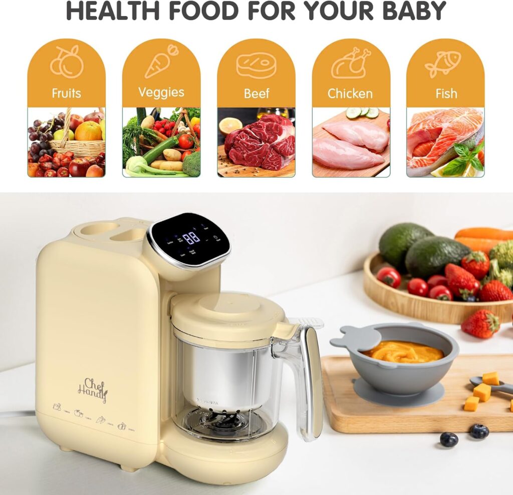 Baby Food Maker, 5 in 1 Baby Food Processor, Smart Control Multifunctional Steamer Grinder with Steam Pot, Auto Cooking Grinding, Baby Food Warmer Mills Machine (Yellow)