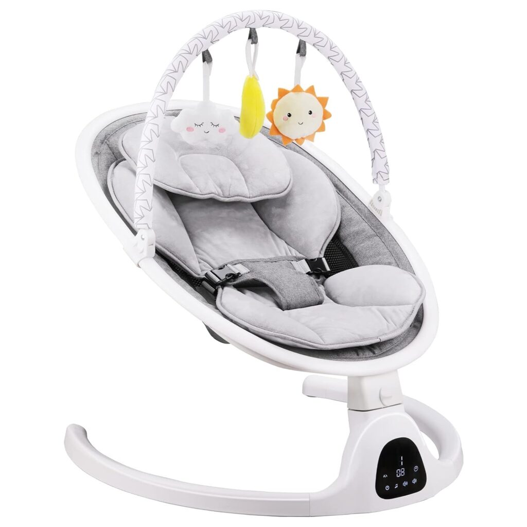 Baby Swing, Newborn Essentials Baby Must Haves Bouncer with Mat Pillow for Infants 0-12 Months, 5 Speeds, Remote/Touch Control, Indoor Outdoor Use