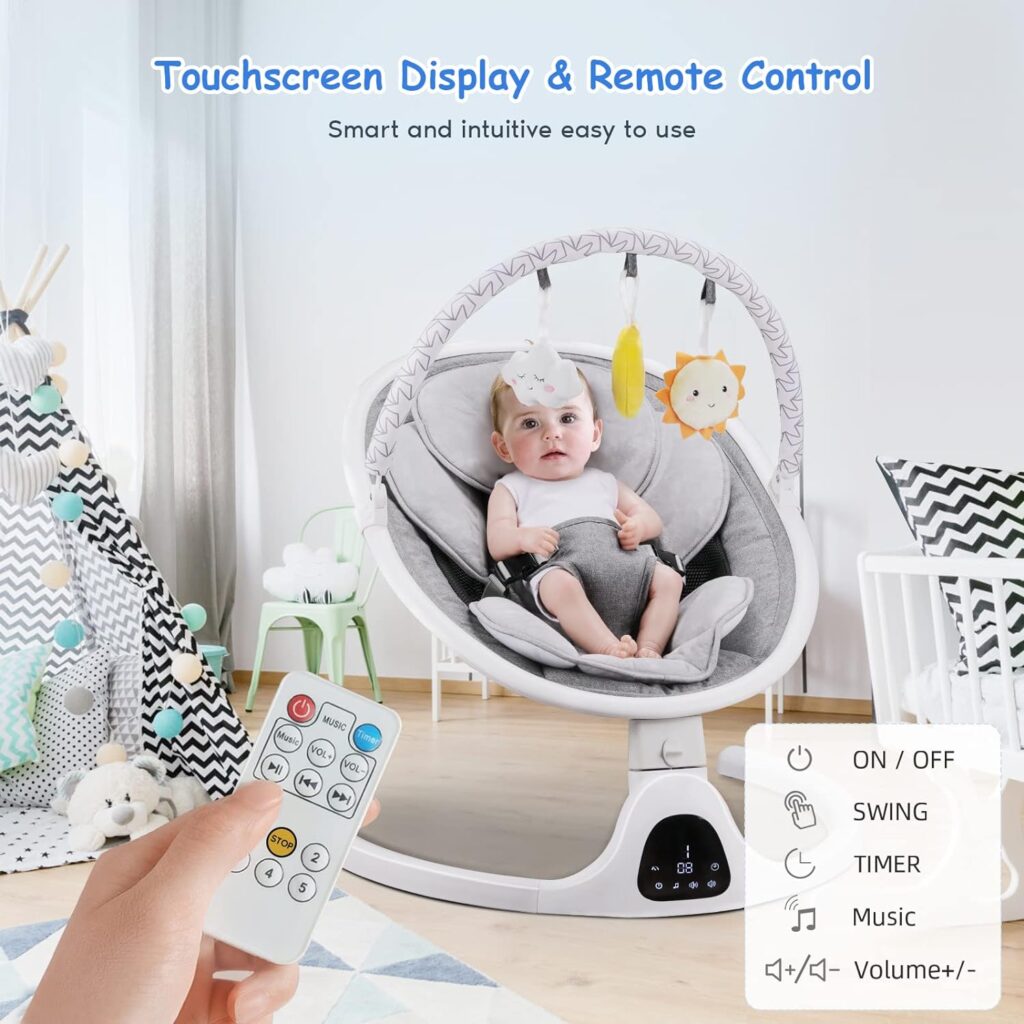 Baby Swing, Newborn Essentials Baby Must Haves Bouncer with Mat Pillow for Infants 0-12 Months, 5 Speeds, Remote/Touch Control, Indoor Outdoor Use