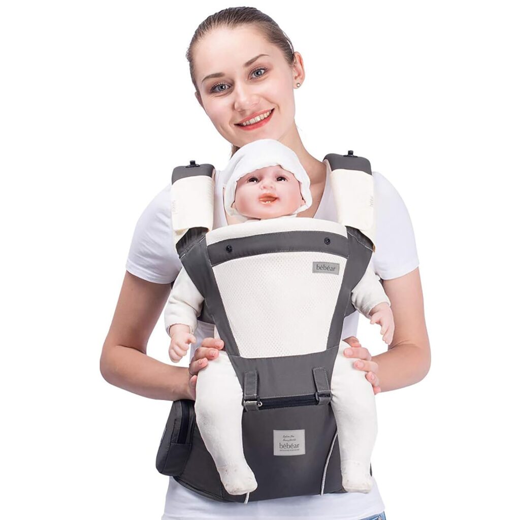 Bebamour Baby Carrier Front and Back Carry Baby to Toddler Baby Hip Carrier with Head Hood 3 Pieces Teething Pads (Grey)