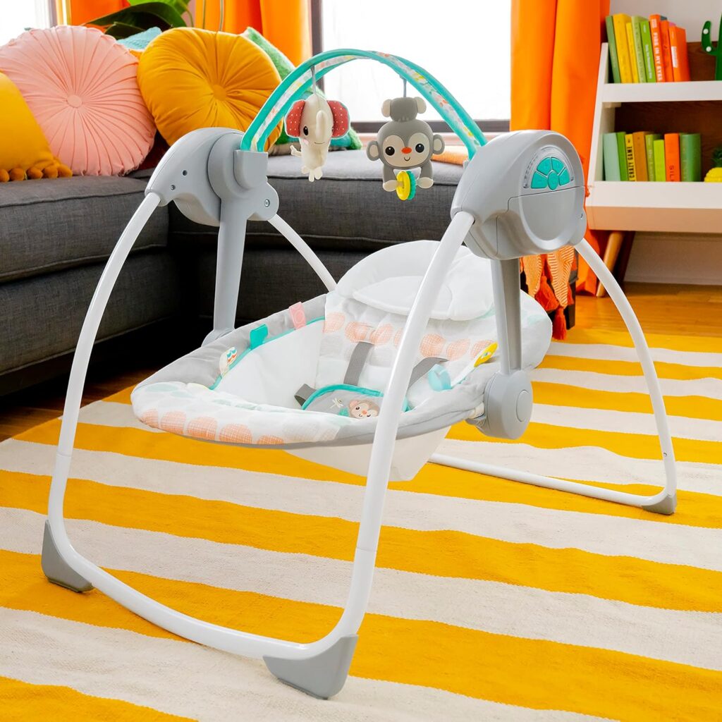 Bright Starts Portable Automatic 6-Speed Baby Swing with Adaptable Speed, Taggies, Music, Removable-Toy-Bar, 0-9 Months 6-20 lbs (Whimsical Wild)