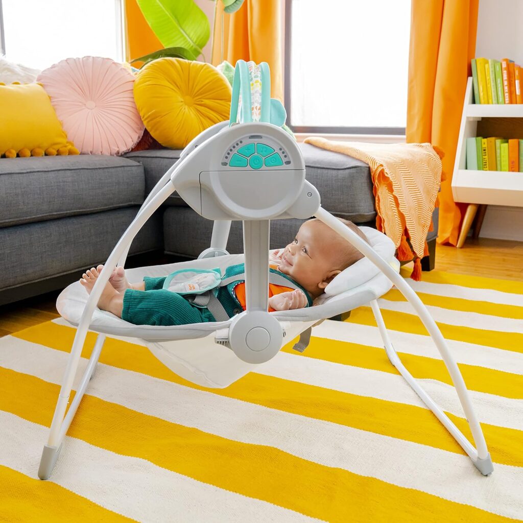 Bright Starts Portable Automatic 6-Speed Baby Swing with Adaptable Speed, Taggies, Music, Removable-Toy-Bar, 0-9 Months 6-20 lbs (Whimsical Wild)