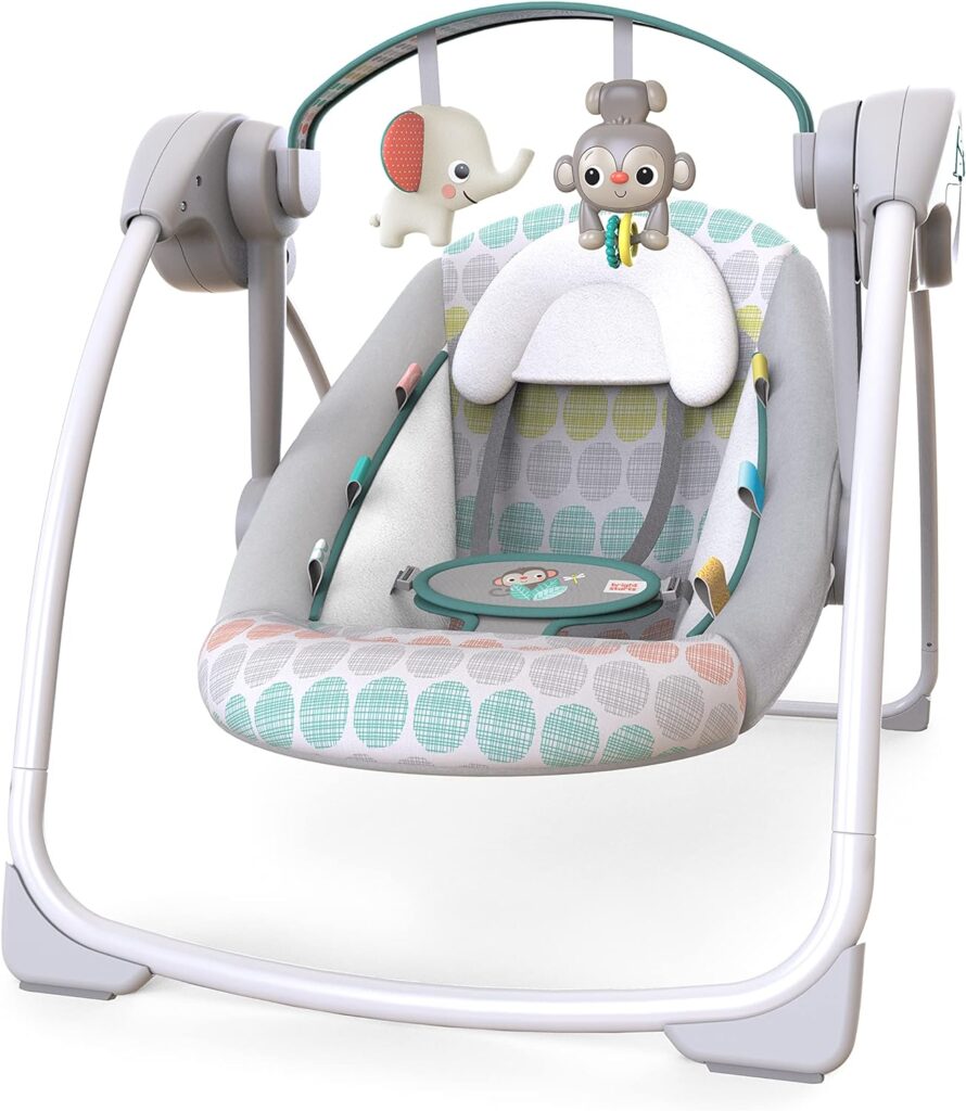 Bright Starts Portable Automatic 6-Speed Baby Swing with Adaptable Speed, Taggies, Music, Removable-Toy-Bar, 0-9 Months 6-20 lbs (Whimsical Wild)