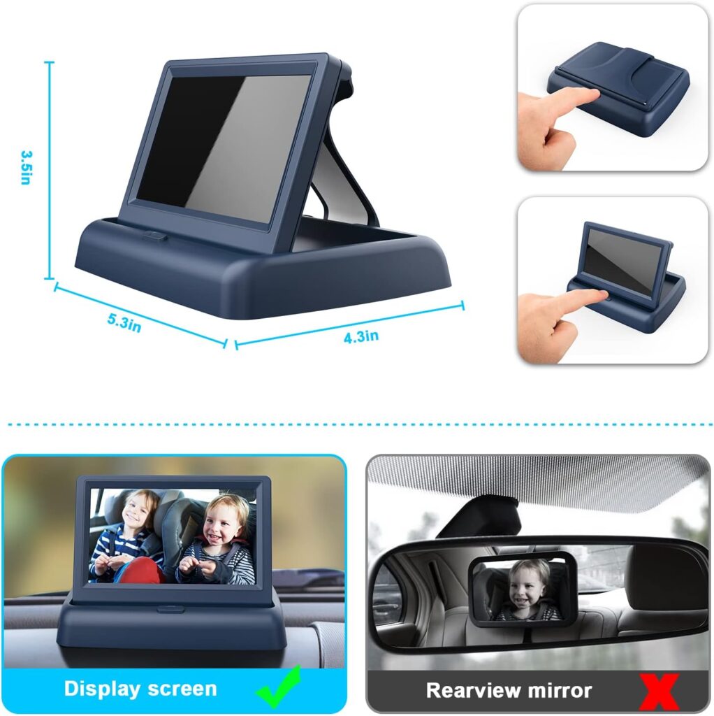 Car Mirror, 4.3 HD Night Vision Function Car Mirror Display, Safety Car Seat Mirror Camera Monitored Mirror with Wide Crystal Clear View, Aimed at Baby, Easily Observe The Baby’s Move