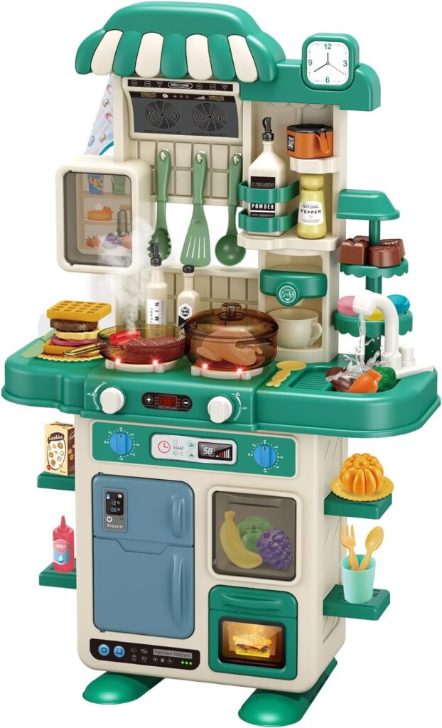 Deejoy Kitchen Playset,48Pcs for Boys and Girls, Kitchen Toys with Realistic LightsSounds, Simulation of Spray and Play Sink, Pretend Play Food with Toddler