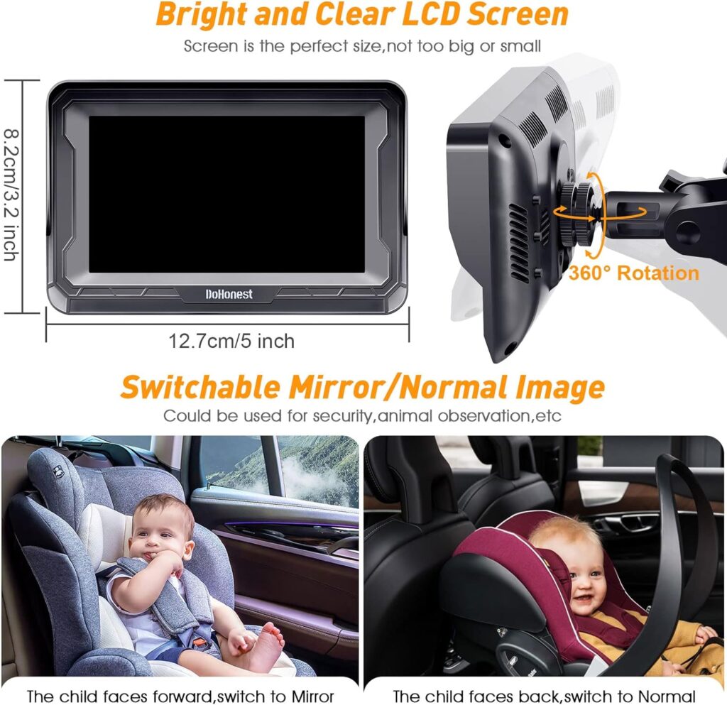 DoHonest Baby Car Camera HD 1080P: 360° Rotating Plug and Play Easy Install 3 Mins Rear Facing Car Baby Monitor with Camera Crystal Night Vision Backseat Camera Two Kids -V33