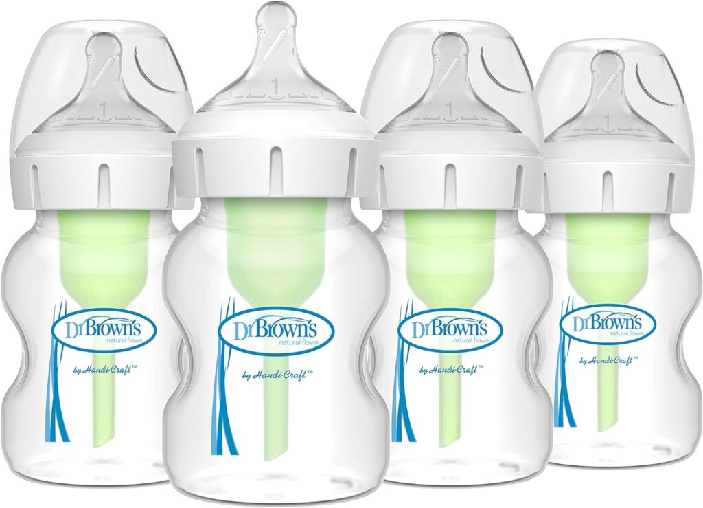 Dr. Browns Natural Flow Anti-Colic Options+ Wide-Neck Baby Bottles 5 oz/150 mL,with Level 1 Slow Flow Nipple,4 Pack,0m+