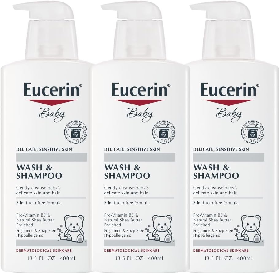 Eucerin Baby Wash Shampoo - 2 in 1 Tear Free Formula, Hypoallergenic Fragrance Free, Nourish and Soothe Sensitive Skin - 13.5 Fl Oz (Pack of 3)