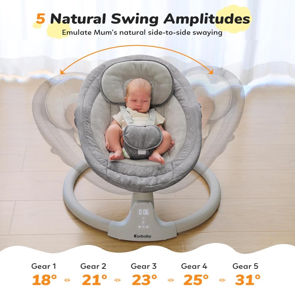 Ezebaby Baby Swings for Infants, Portable Baby Swing for Newborn, with Remote Control, 5 Swing Amplitudes, 3 Seat Positions, 5 Point Harness Belt, Preset Lullabies - Infant Swing for Baby 0-6 Month