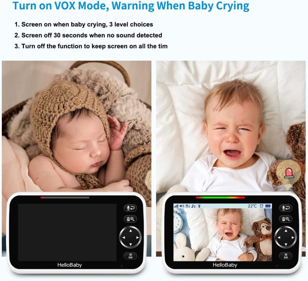 HelloBaby Upgrade Monitor, 5Sreen with 30-Hour Battery, Pan-Tilt-Zoom Video Baby Monitor with Camera and Audio, Night Vision, VOX, 2-Way Talk, 8 Lullabies and 1000ft Range No WiFi, Ideal Gifts