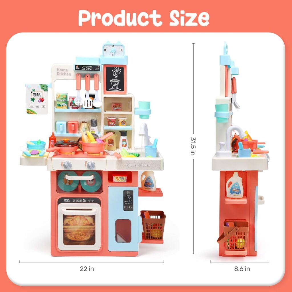 HOLYFUN Kids Kitchen Playset, Kitchen Set for Toddler with Sound Light, Cooking Stove with Steam, Play Sink and Toy Kitchen Accessories, Pretend Kitchen Toys for Kids Girls Boys(Pink)