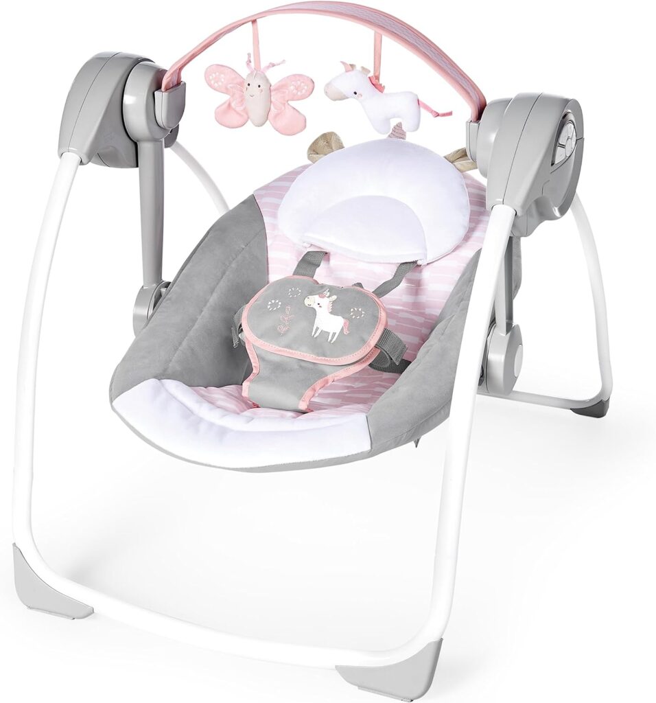 Ingenuity Comfort 2 Go Compact Portable 6-Speed Cushioned Baby Swing with Music, Folds Easy, 0-9 Months 6-20 lbs (Pink Flora the Unicorn)