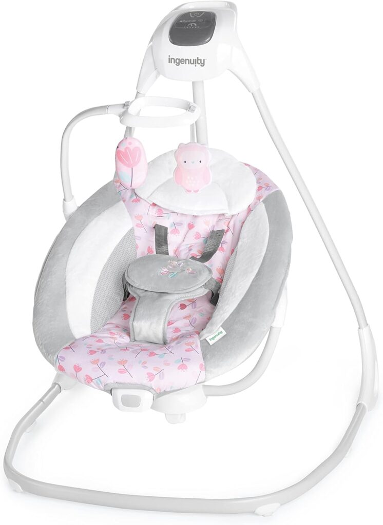 Ingenuity SimpleComfort Lightweight Compact 6-Speed Multi-Direction Baby Swing, Vibrations Nature Sounds, 0-9 Months 6-20 lbs (Pink Cassidy)