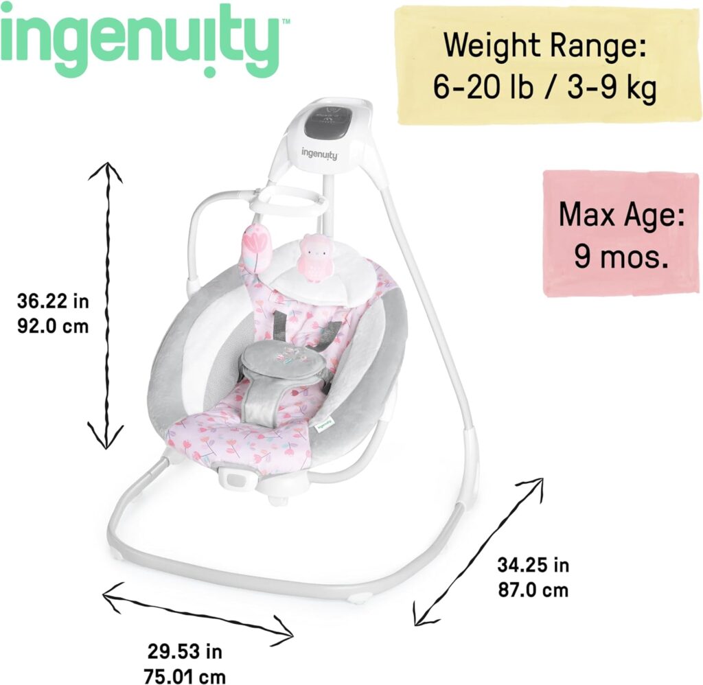 Ingenuity SimpleComfort Lightweight Compact 6-Speed Multi-Direction Baby Swing, Vibrations Nature Sounds, 0-9 Months 6-20 lbs (Pink Cassidy)