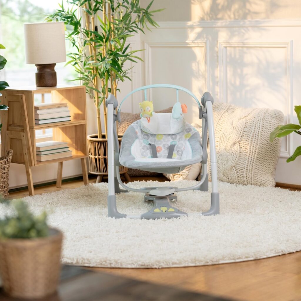 ingenuity swing n go 5 speed baby swing foldable portable 2 plush toys sounds 0 9 months 6 20 lbs hugs hoots 4