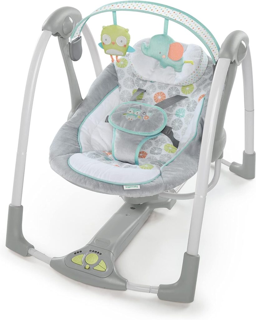 Ingenuity Swing n Go 5-Speed Baby Swing - Foldable, Portable, 2 Plush Toys Sounds, 0-9 Months 6-20 lbs (Hugs Hoots)