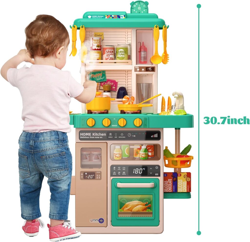 Kids Kitchen Play Set，Interactive Kids Kitchen Play Set with 50Pcs of Pretend Kitchen Toys，Realistic Sound Effects，and Simulated Functionality - Suitable for Toddlers Aged 2-12 Years (Green)