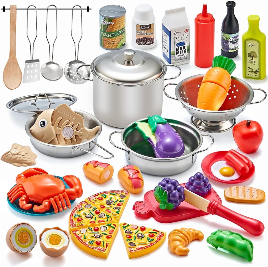 kidsciety pretend play kitchen accessories 52pc kids kitchen playset with play food stainless steel cookware kitchen toy 1024x1022 1