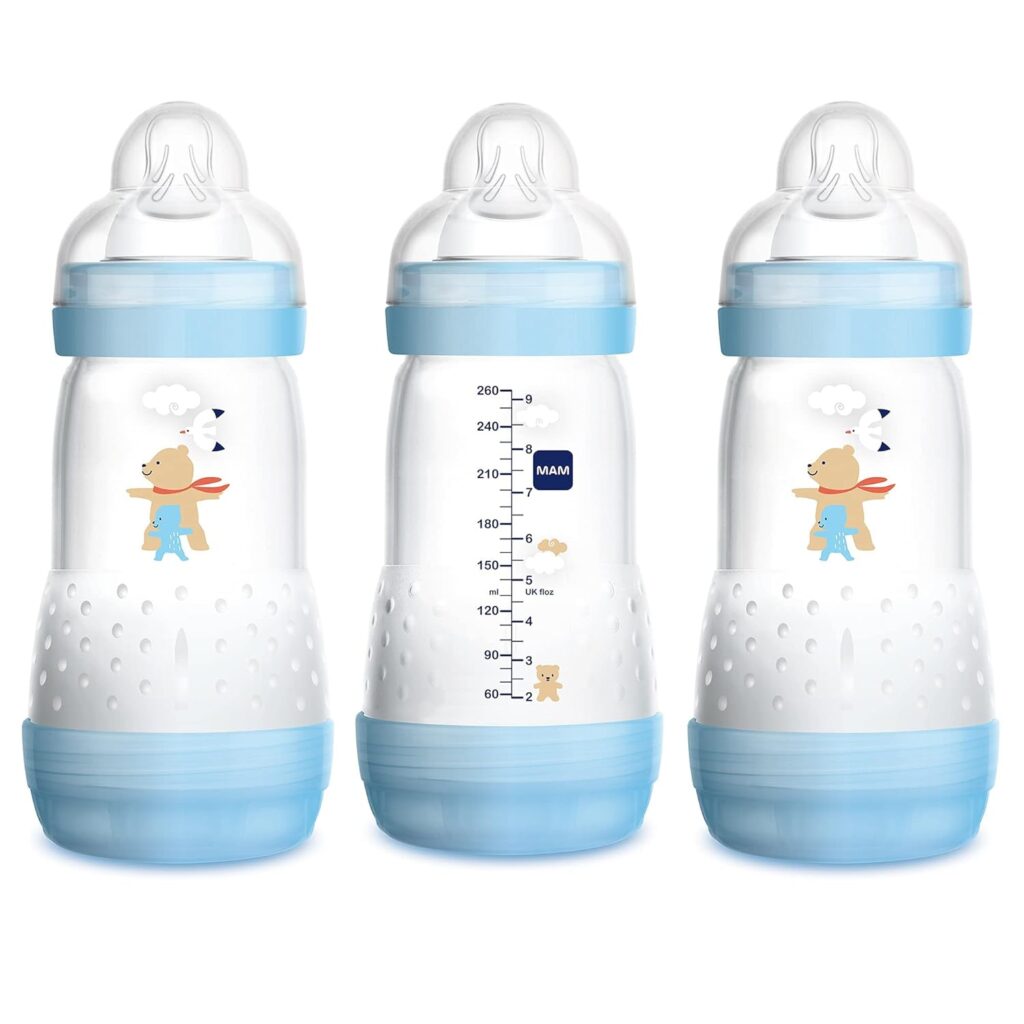 MAM Easy Start Anti-Colic Bottle 9 oz (3-Count), Baby Essentials, Medium Flow Bottles with Silicone Nipple, Baby Bottles for Baby Boy, Blue