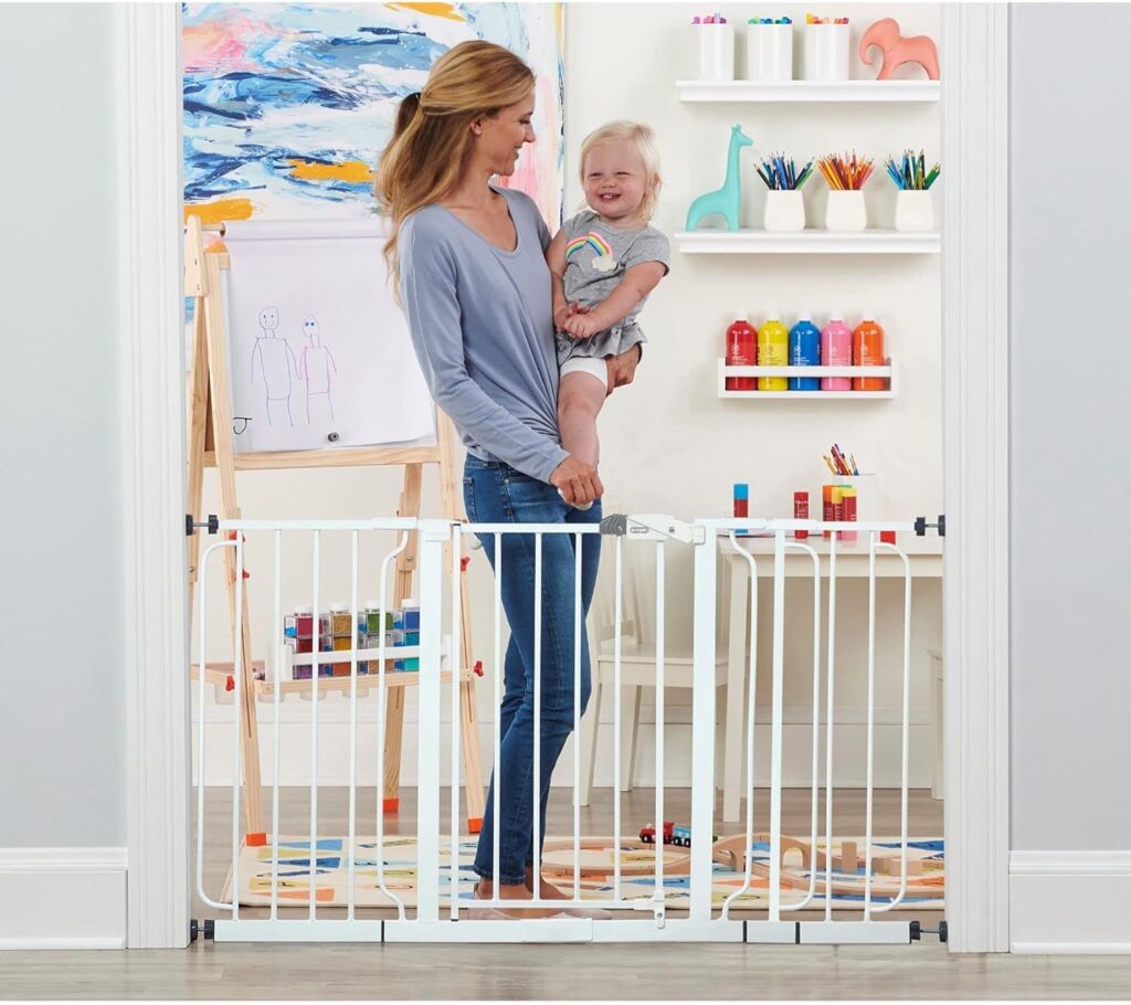 Regalo 56-Inch Extra WideSpan Walk Through Baby Gate, Includes 4-Inch, 8-Inch and 12-Inch Extension, 8 Piece Set - 4 Pack of Pressure Mounts and 4 Pack of Wall Cups and Mounting Kit, White