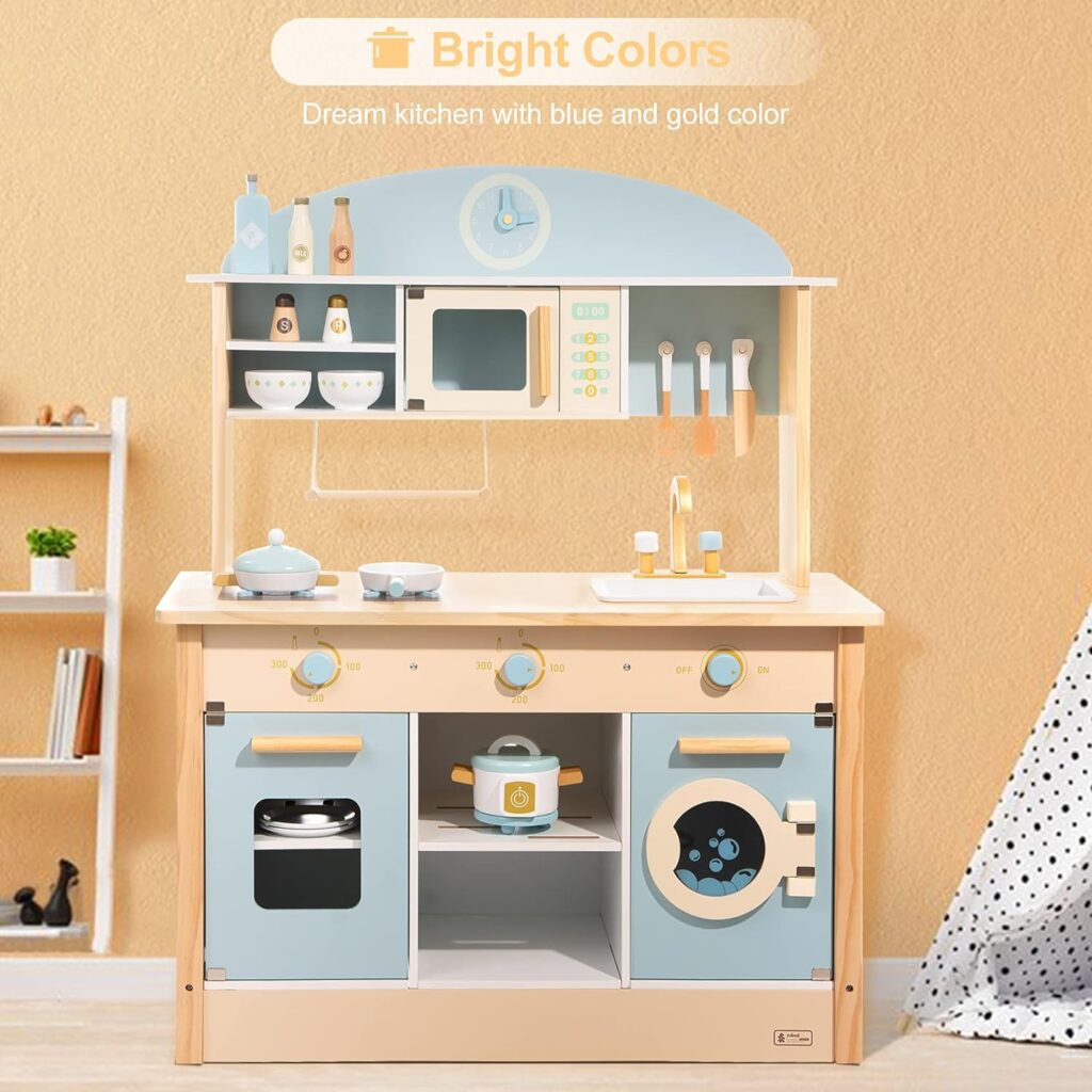 ROBUD Wooden Play Kitchen Set for Kids Toddlers, Toy Kitchen Gift for Boys Girls, Age 3+