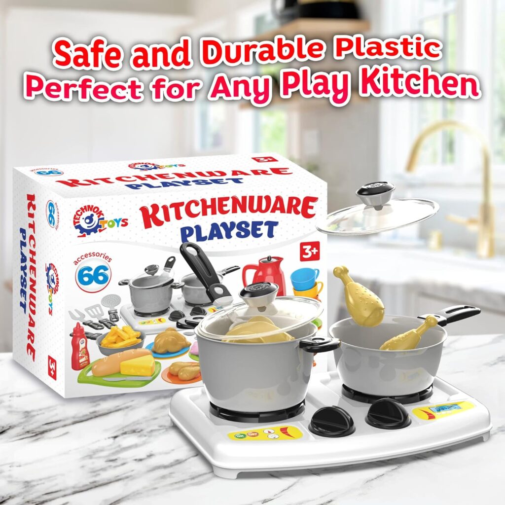 TECHNOK 66PCS Pretend Play Kitchen Toys Cookware with Play Food Toy Set - Pretend Play Toy Kitchen Set - Cooking Stove and Accessories, Tableware Dish Set (4 Persons)