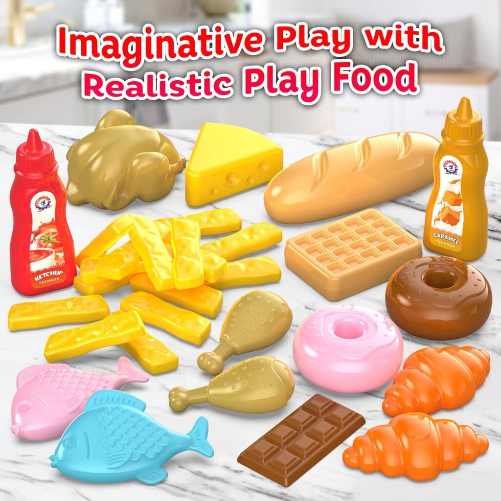 TECHNOK 66PCS Pretend Play Kitchen Toys Cookware with Play Food Toy Set - Pretend Play Toy Kitchen Set - Cooking Stove and Accessories, Tableware Dish Set (4 Persons)