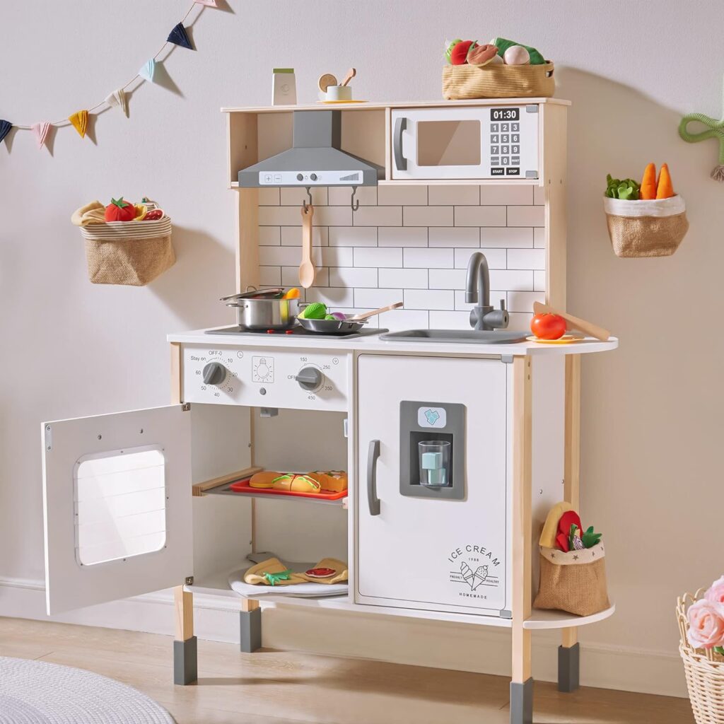 Tiny Land Play Kitchen for Kids, Wooden Kids Play Kitchen Playset Chef Pretend Play Set for Toddlers with Real Lights Sounds, Toys Kitchen with 18 Pcs Toy Food Cookware Accessories