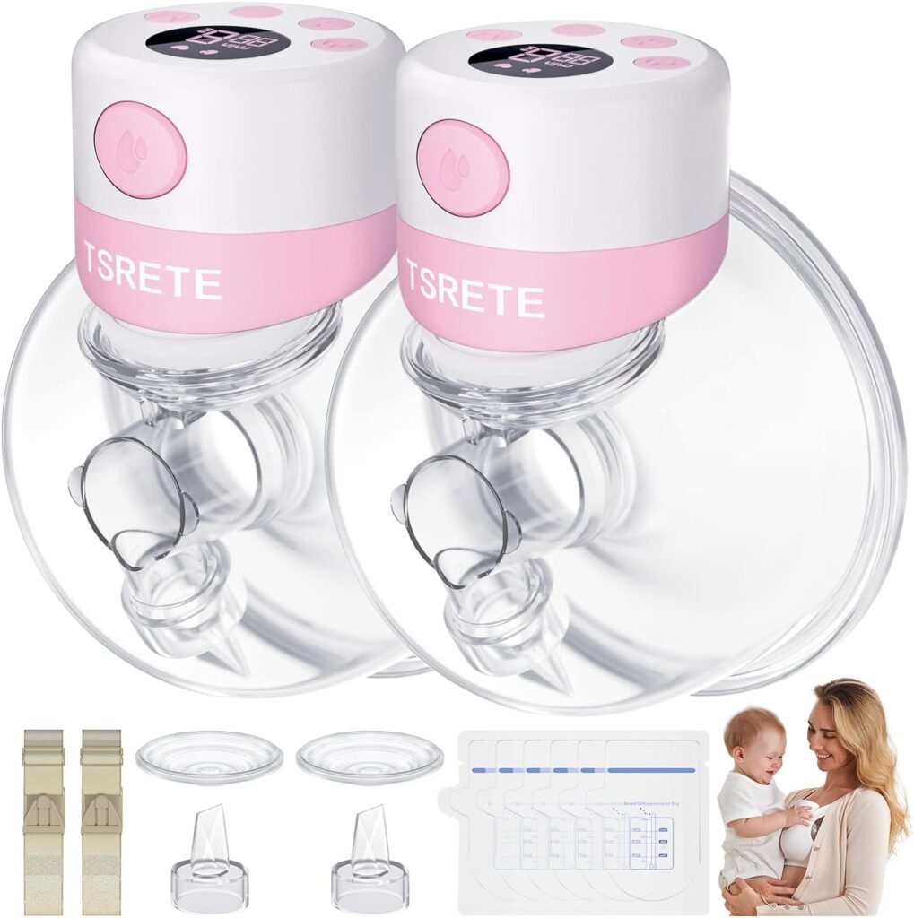 TSRETE Double Wearable Breast Pump, Electric Hands-Free Breast Pumps with 2 Modes, 9 Levels, LCD Display, Memory Function Rechargeable Milk Extractor-24mm Flange, Pink