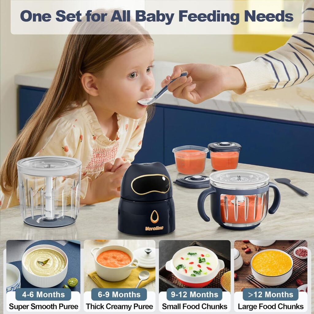 Veroline Baby Food Maker, 13-in-1 Baby Food Processor Set with 2 Glass Bowls (600ml+300ml), Baby Food Blender for Baby Puree, Fruit, Meat, Vegatable, Baby Food Storage Containers, Baby Essentials