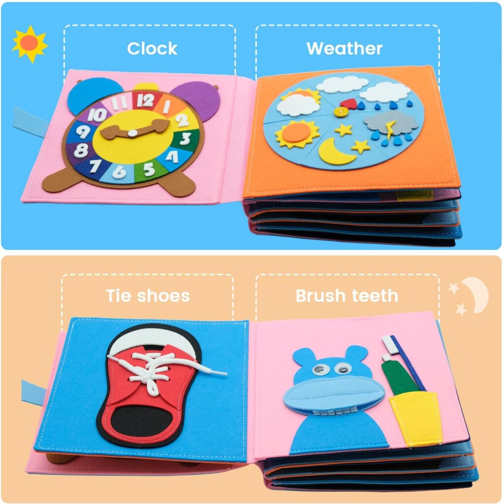 Washable Montessori Toddlers Busy Board 3D Baby Story Cloth Book Early Learning Education Habits Knowledge Develop Travel Toys for Boys and Girls Sensory Story Book