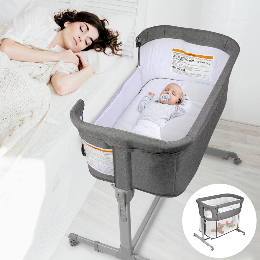 3 in 1 Baby Bassinet, Bedside Sleeper, Playpen, Easy Folding Portable Crib (Grey)- KoolaBaby (Bassinet)