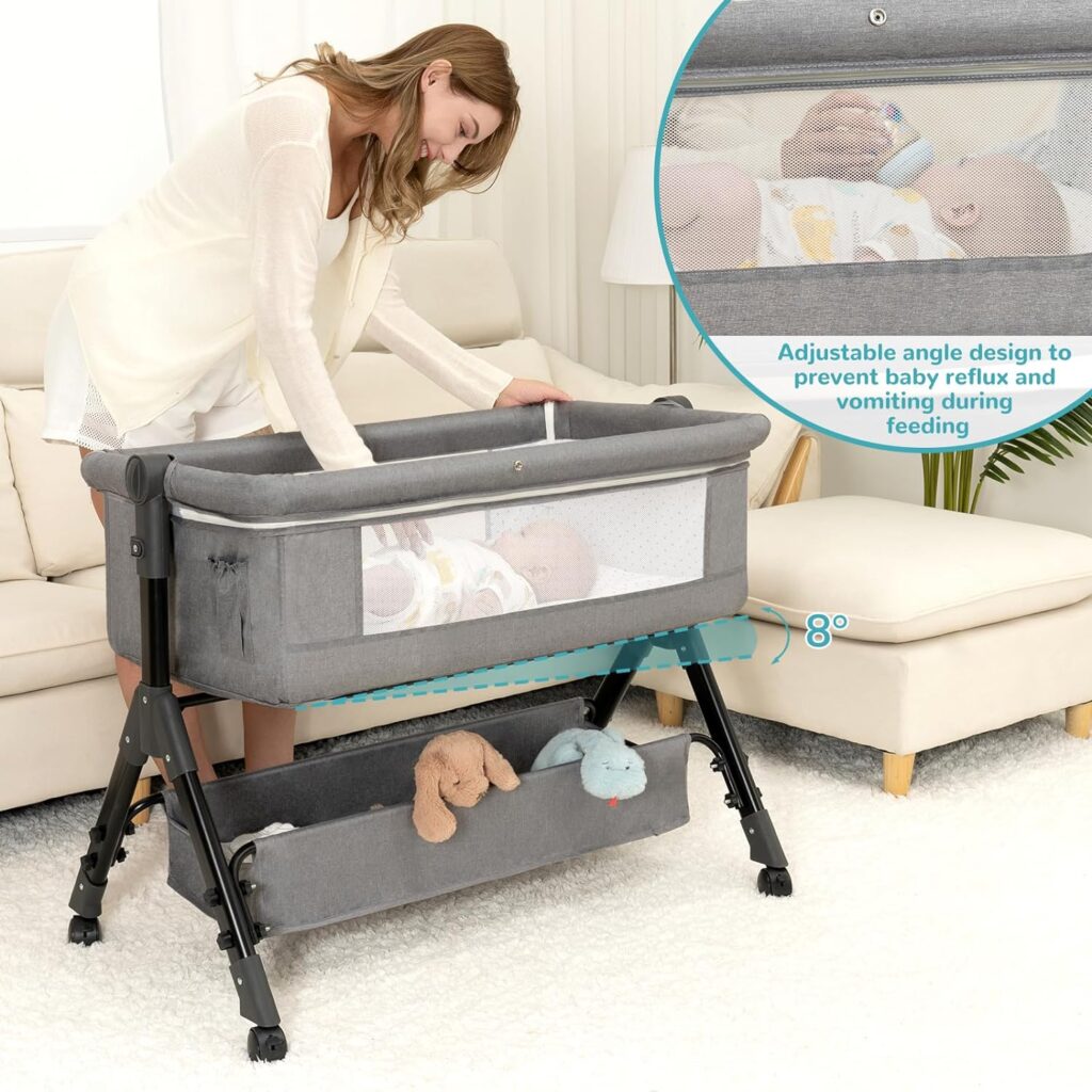 3 in 1 baby bassinet bedside sleeper with storage basket and wheels bedside crib for baby adjustable and movable baby cr