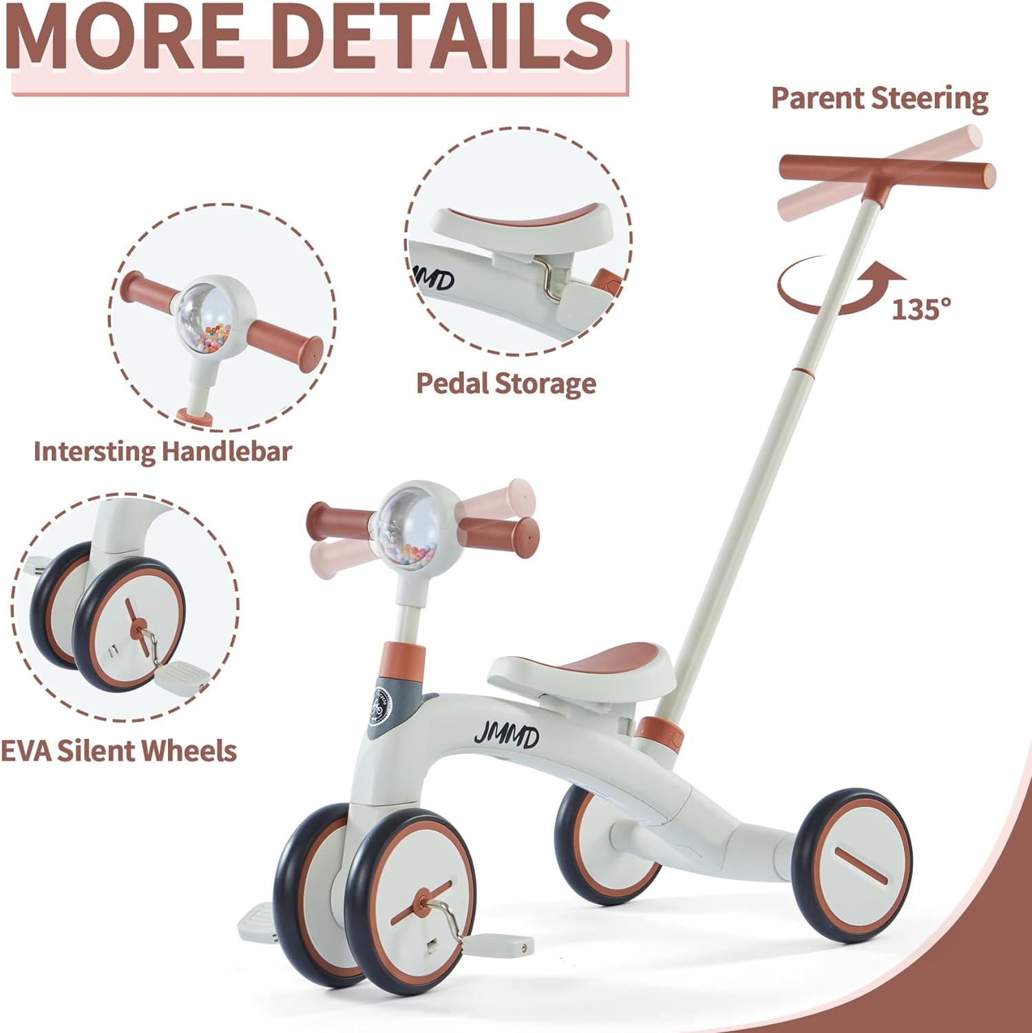 4 in 1 Tricycle for Toddlers 1-3 Years Old, Toddler Bike with Push Handle, Kids Tricycles with Removable Pedals Adjustable Seat for Boys and Girls, Brown